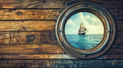 Foto auf Leinwand a ship's porthole, revealing an old sailing boat with people on board against a backdrop of dark brown wooden boards, evoking a sense of maritime adventure and tradition. © lililia