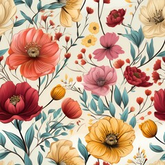 Seamless beautiful spring watercolor wild flowers background