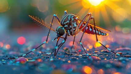 Detailed mosquito on a vibrant, wet surface with sunrise - A detailed close-up of a mosquito on a wet, reflective surface, illuminated by the warm light of sunrise - obrazy, fototapety, plakaty
