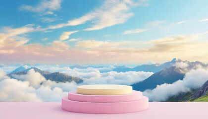 Pink Background dais podium. 3D product sky platform on the clouds. Pastel scene render stand. Pink podium stage. Minimal abstract cloud and mountains background. - obrazy, fototapety, plakaty