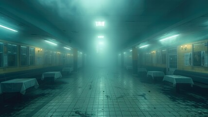 Foggy diner scene with moody light - A dimly lit, fog-enshrouded diner captures the essence of isolation and a moody, suspenseful atmosphere