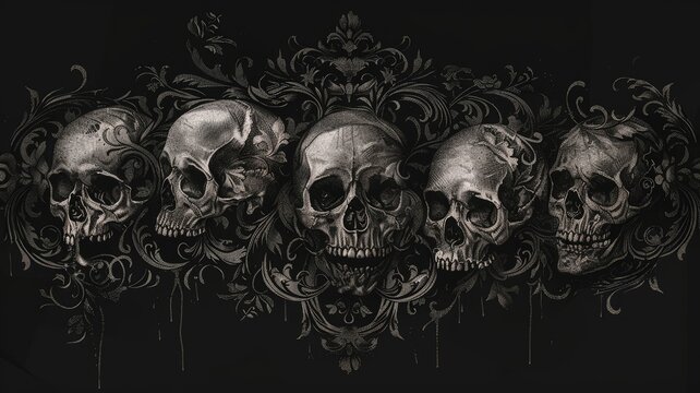 Ornate skulls and baroque pattern on black - A gothic and intricate artwork featuring a line of skulls adorned with baroque motifs on a black background