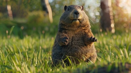 Fototapeta premium Cheerful groundhog standing on grass in sunlight - A joyful groundhog stands upright on a sunny meadow, giving the impression of having a fun, carefree moment