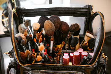 Professional makeup brushes and tools products set in bag