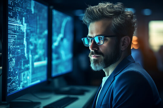 Hard working person in modern interior office programming writing web java script code AI technology generation