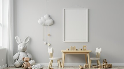 a white frame background, giraffe wooden toys on a table, arranged in the style of a Scandinavian child's room adorned with cloud decorations and a mockup poster frame.