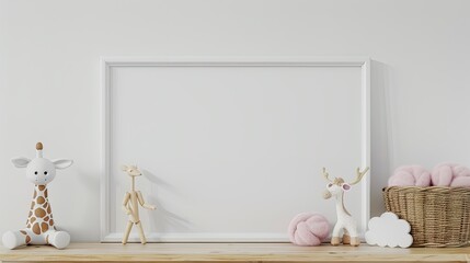 a white frame background, giraffe wooden toys on a table, arranged in the style of a Scandinavian child's room adorned with cloud decorations and a mockup poster frame.