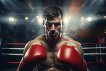 Generative AI image of boxer with a determined look in eyes wearing a boxing gloves