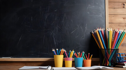 Colorful school supplies like pencils, pens, and notebooks rest on a blackboard, ready for a new...