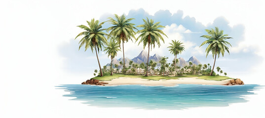 Fototapeta na wymiar Sea beWatercolor illustration of tropical palm trees beachside, watercolor, white backgroundach summer holiday watercolor painting generative by ai.