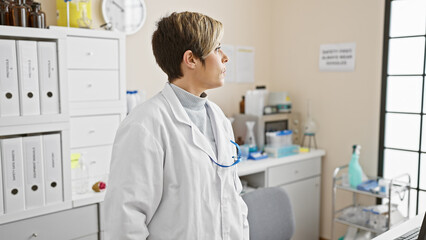 A young hispanic woman with short blonde hair, dressed in a lab coat, stands pensively in a...
