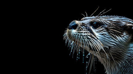 Otter: A sleek otter captured using a low-light photography technique, highlighting the shimmering...