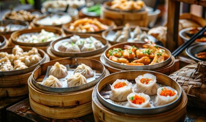 Assorted steamed dumplings in baskets - A variety of steamed dumplings and dim sum are colorfully presented in traditional bamboo steamers - obrazy, fototapety, plakaty