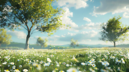 Experience the Splendor of a Sunny Spring Day: Vibrant Chamomile Meadow and Luxuriant Trees.