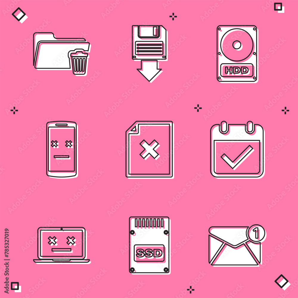 Aufkleber set delete folder, floppy disk backup, hard drive hdd, dead mobile, file document and calendar with 