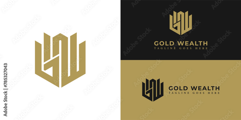 Poster abstract initial hexagon letter gw or wg logo in soft gold color isolated on multiple background col