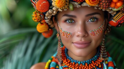 Naklejka premium girl in traditional costume wearing wreath on head for cultural on the festivals