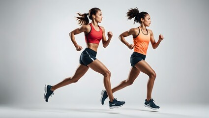 Full length profile shot of a young female athlete running isolated on white background