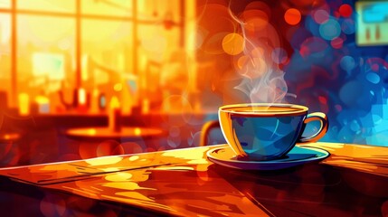 Close-up illustration of a steaming hot coffee in a cozy cafe setting - obrazy, fototapety, plakaty