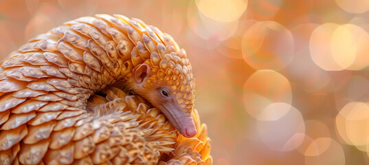 Pangolin: A pangolin curled up, captured with a macro lens to detail its scales, set against a...
