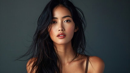 Naklejka premium portrait shot of Fashionable Asian woman, with empty copy space, rim lights, soft focus, studio lighting with empty copy space, plain background