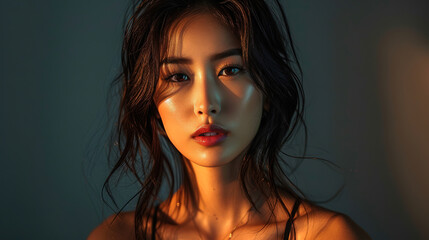Fototapeta premium portrait shot of Fashionable Asian woman, with empty copy space, rim lights, soft focus, studio lighting with empty copy space, plain background