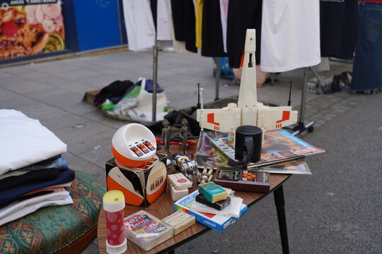 Paris France , 04 04 2024 : vintage toys and second hand antiques at the flea market in Paris