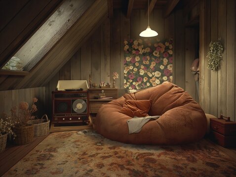 A cozy room with a brown bean bag chair and a record player. The room has a vintage feel with a floral painting on the wall