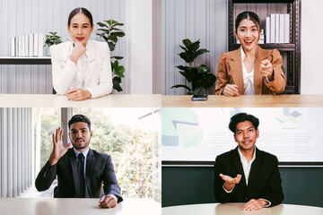 Asian businessman group webcam laptop screen view many faces of diverse people involved videoconference on-line. Businesswoman leader, team using video call app work solve common issues concept. - 785327601