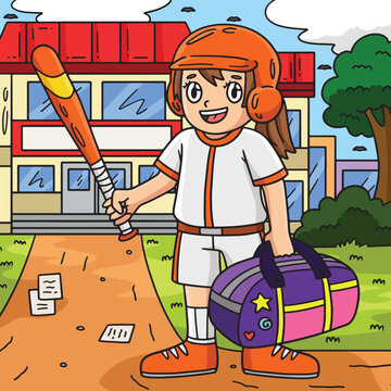 Girl with a Sports Bag and a Baseball Bat Colored 