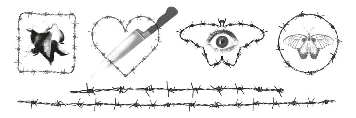 Trendy elements with retro photocopy effect. Y2K goth core frames set made of barbed wire. Heart, butterfly, human eye, knife and rose stickers in grunge 2000s style. Modern vector illustration