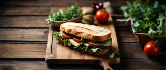 Sandwich with cucumber, tomato, onion and lettuce on wooden background