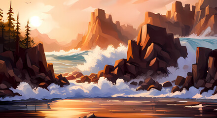 Rocky cliffs surrounded by tumultuous waters, generated with AI.