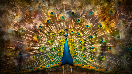 Obraz premium Peacock: A colorful peacock shot using a ring light to bring out the iridescent colors of its feathers against a subdued ivory background with copy space.