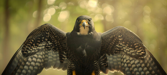 Peregrine Falcon: Photographed with an aerial drone to capture a top-down view, this peregrine falcon showcases its spread wings against a softly blurred forest background with copy space - Powered by Adobe