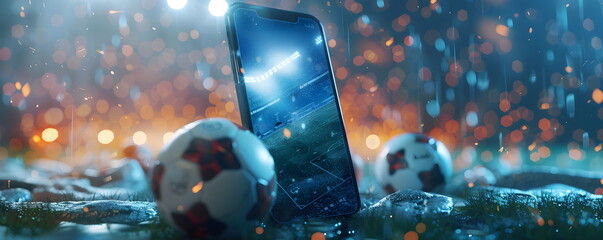 Mobile phone Soccer betting. Soccer field on smartphon. bet and win concept.Watch a live sports event on your mobile device. Betting on football matches