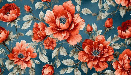 Fototapeta na wymiar Elegant Nostalgia: Vintage Red Florals on Blue
