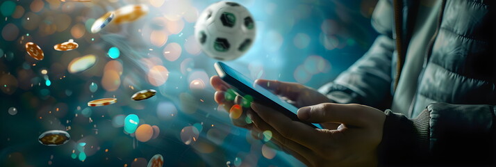 Mobile phone Soccer betting. Soccer field on smartphon. bet and win concept.Watch a live sports event on your mobile device. Betting on football matches - obrazy, fototapety, plakaty
