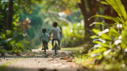 Obraz premium Children riding bike outdoor in park, green blurred environmental background