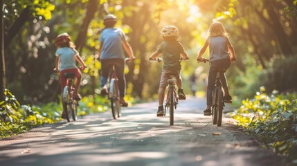 Children riding bike outdoor in park, green blurred environmental background