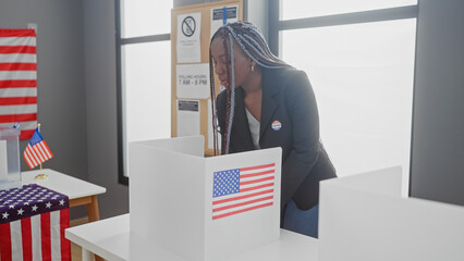 African american woman with braids voting at a us electoral college polling station, adorned with...