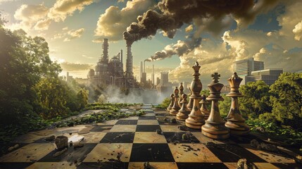 Concept art showing the clash of industrial and natural worlds on a chessboard - obrazy, fototapety, plakaty