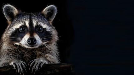Raccoon: A curious raccoon captured with a spotlight effect to highlight its facial features and...