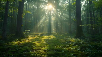 Sunbeam Serenade in a Serene Forest. Concept Nature, Sunbeams, Serenity, Forest, Photography