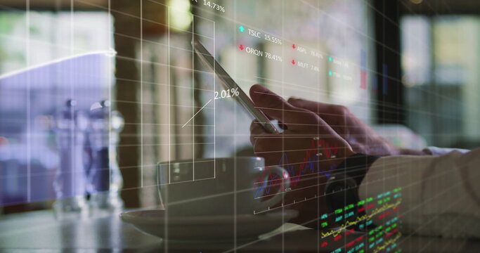 Image of financial data processing over hands using smartphone