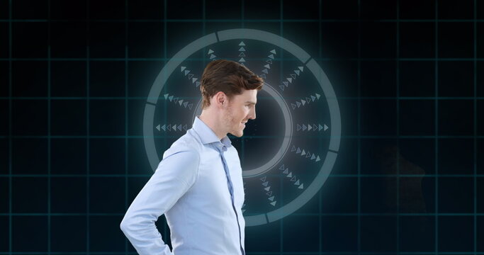 Image of scope scanning and data processing with 6g text over caucasian businessman