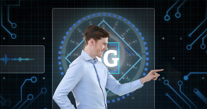 Image of scope scanning and data processing with 6g text over caucasian businessman