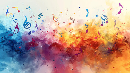 Abstract watercolor musical background with colorful notes. - obrazy, fototapety, plakaty