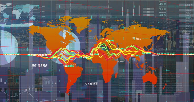 Image of statistical data processing over world map against aerial view of cityscape