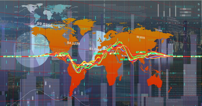 Image of statistical data processing over world map against aerial view of cityscape